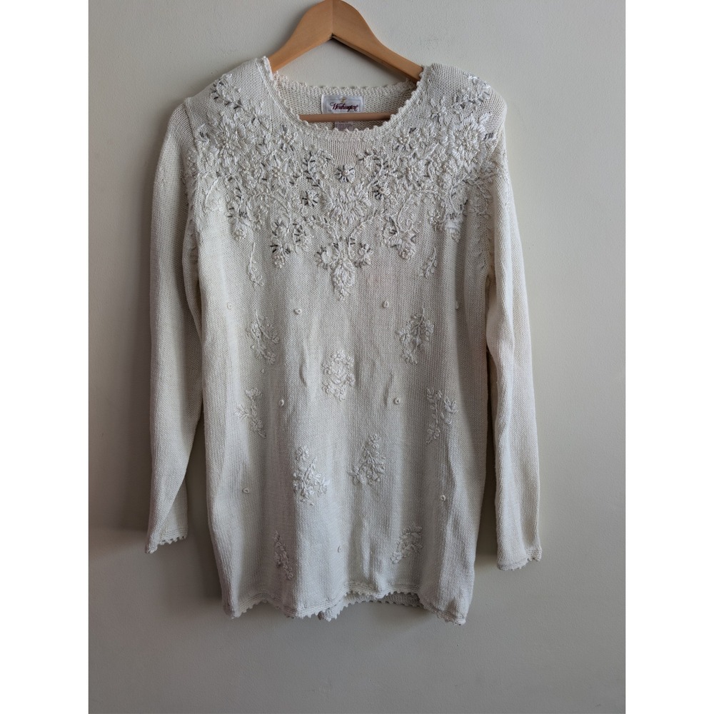 Worthington Cream Beaded Embroidered Long Sleeve Sweater Top Women's Small